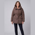Hazel Belted Puffer Coat in brown – front view