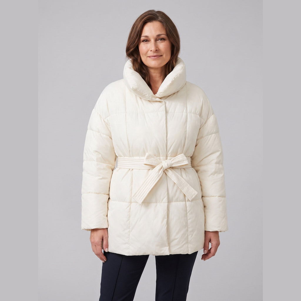 Hazel Belted Puffer Coat in cream – front view