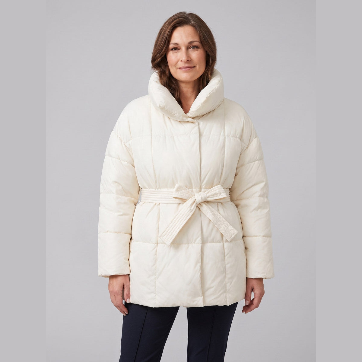 Hazel Belted Puffer Coat in cream – front view