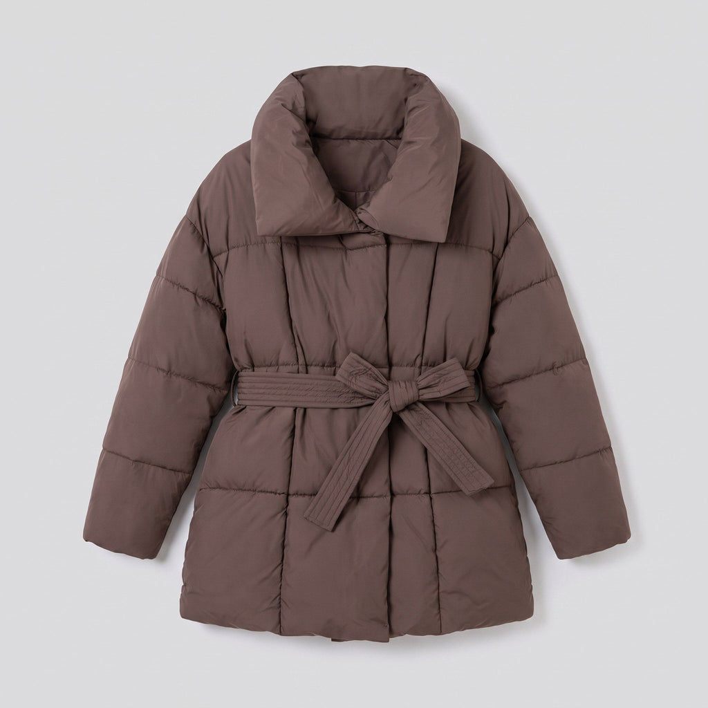 Hazel Belted Puffer Coat in brown – product front view