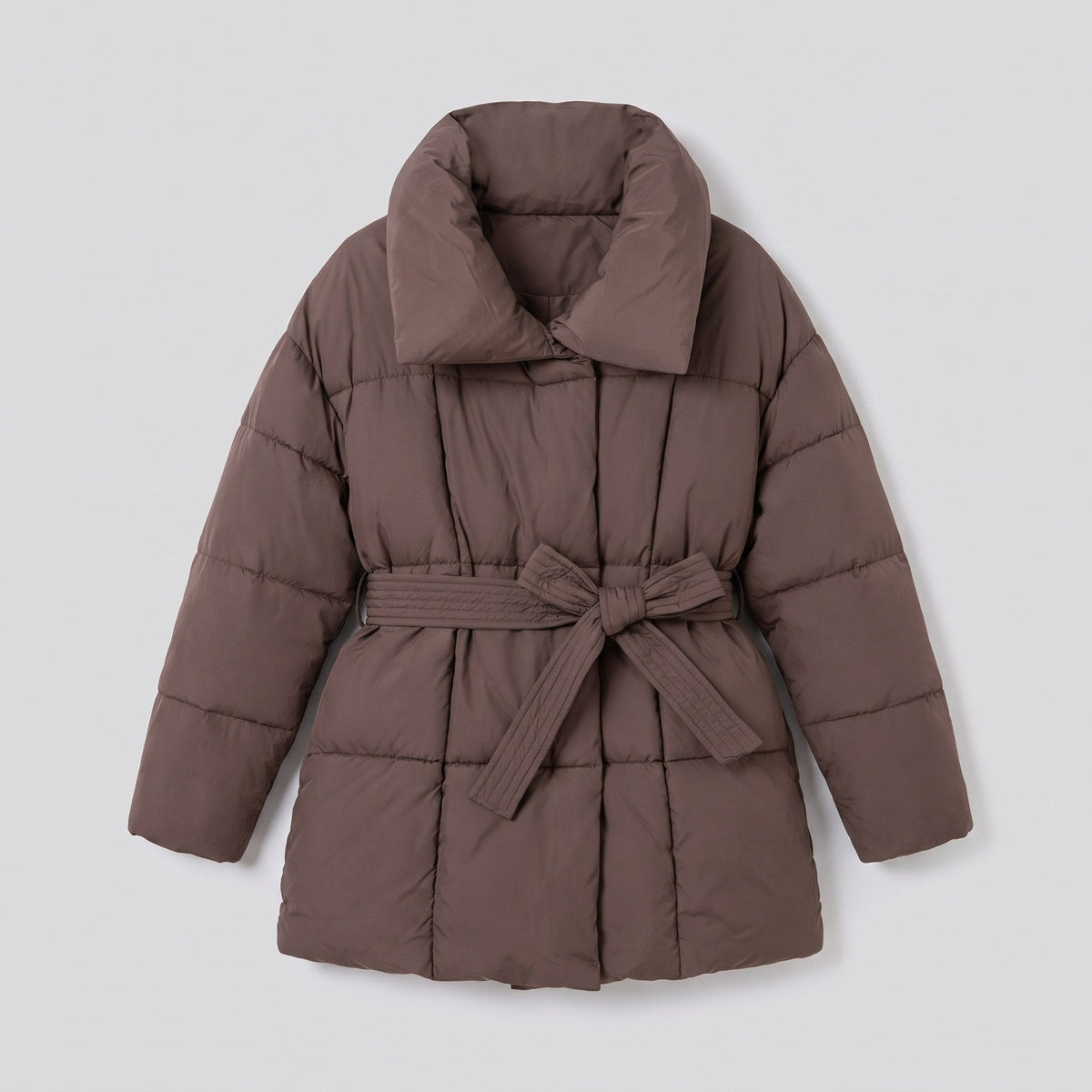 Hazel Belted Puffer Coat in brown – product front view