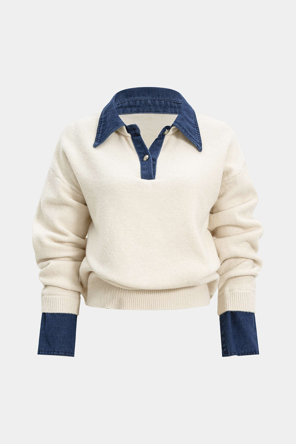 Hedda Denim-Collar Patchwork Knit Sweater by Vera Noir – front view