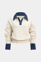 Hedda Denim-Collar Patchwork Knit Sweater by Vera Noir – front view