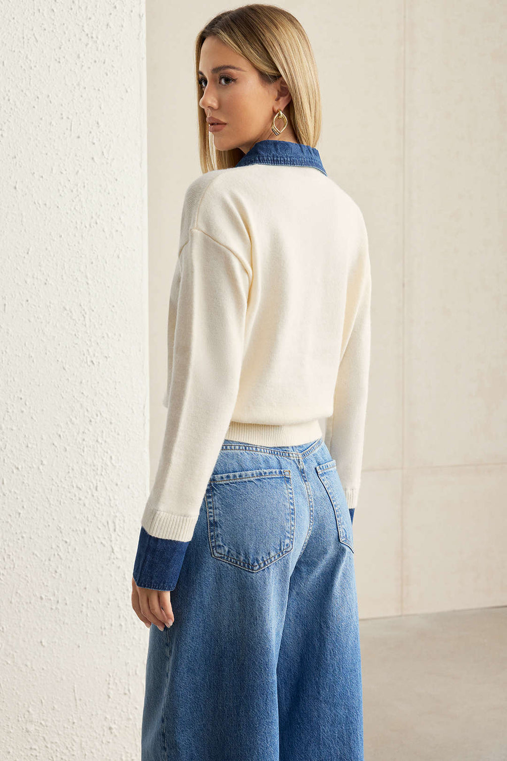 Hedda denim-collar patchwork knit sweater by Vera Noir – back view