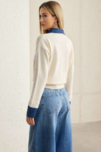 Hedda denim-collar patchwork knit sweater by Vera Noir – back view