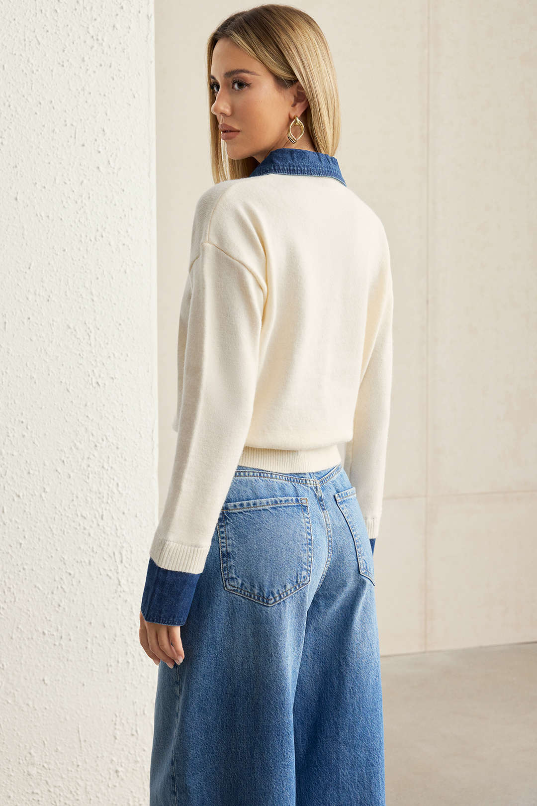 Hedda denim-collar patchwork knit sweater by Vera Noir – back view