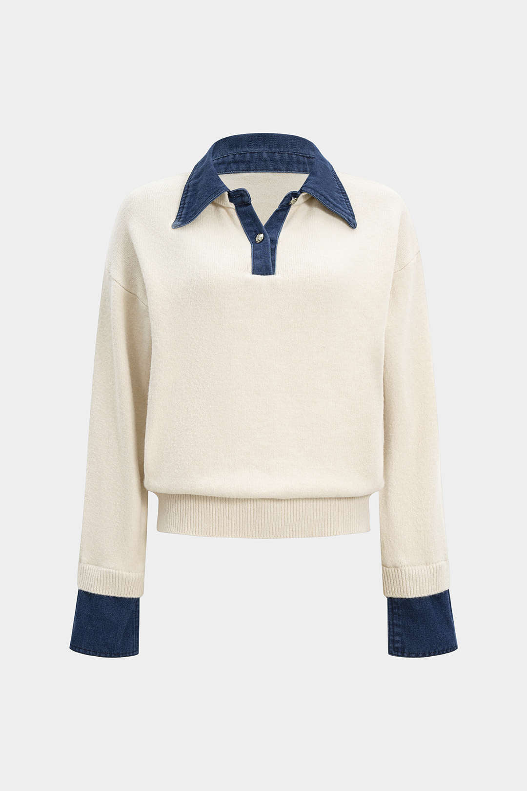 Hedda Denim-Collar Patchwork Knit Sweater by Vera Noir – detail view