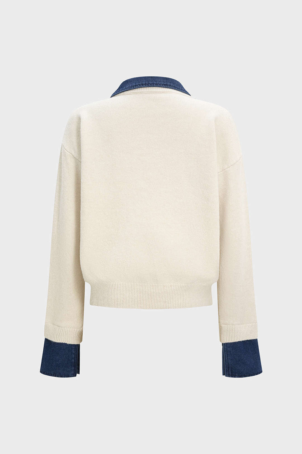 Hedda Denim-Collar Patchwork Knit Sweater by Vera Noir – styled view