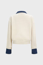 Hedda Denim-Collar Patchwork Knit Sweater by Vera Noir – styled view