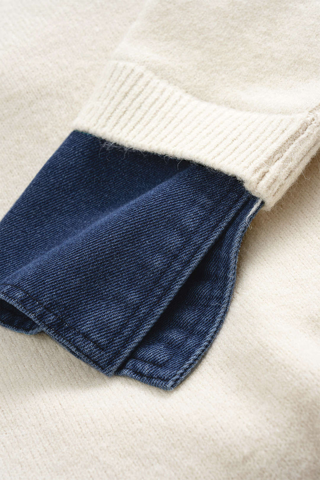 Hedda denim-collar patchwork knit sweater by Vera Noir – arm detail