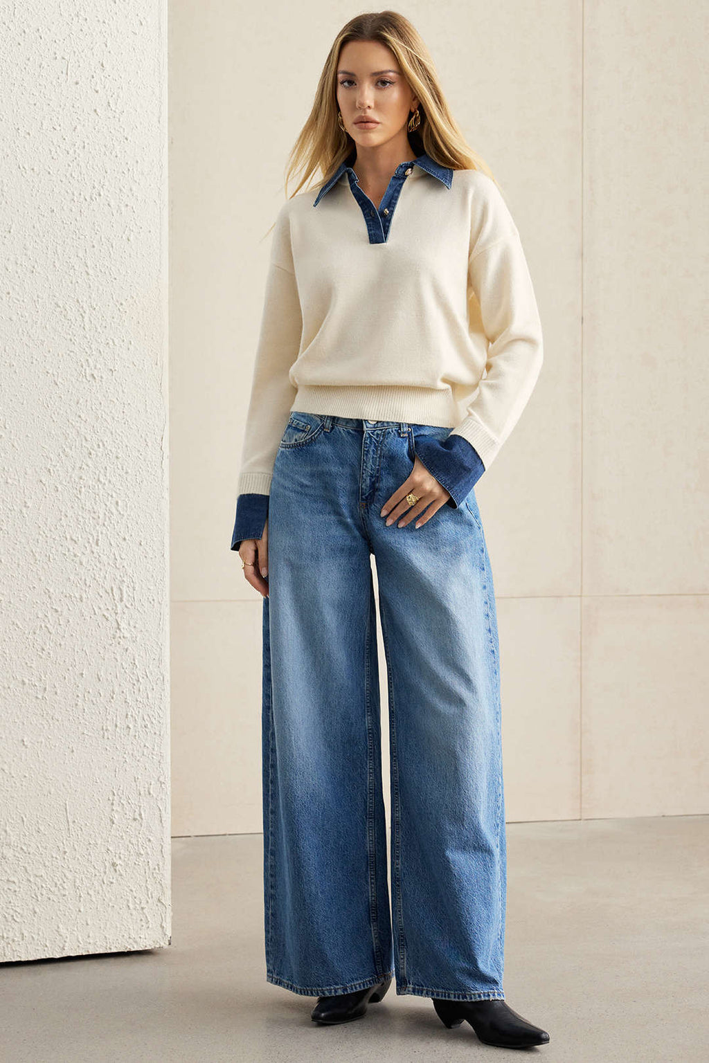 Hedda denim-collar patchwork knit sweater by Vera Noir – model view