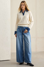 Hedda denim-collar patchwork knit sweater by Vera Noir – model view