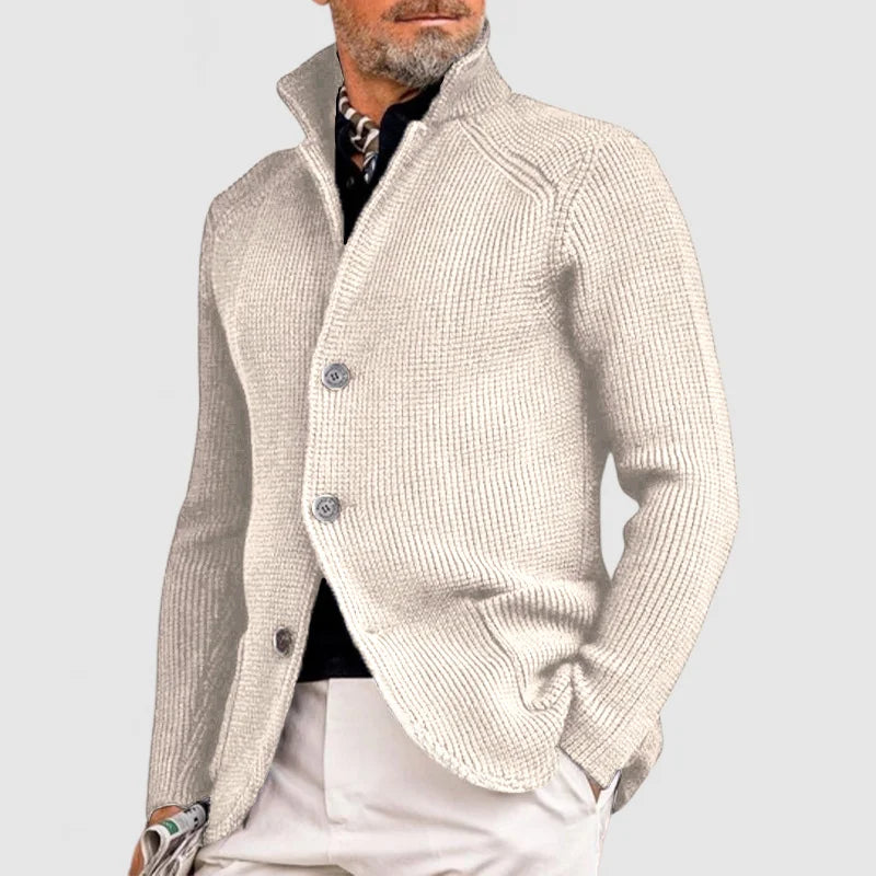 Henry Men's Ribbed Knit Button Cardigan by Vera Noir – detail view