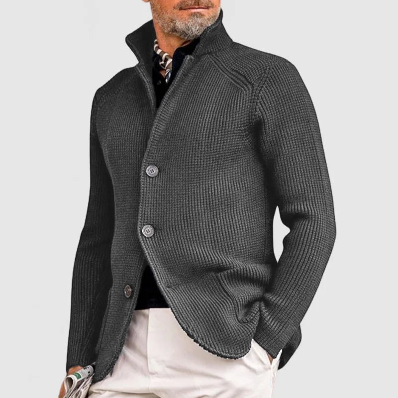 Henry Men's Ribbed Knit Button Cardigan by Vera Noir – styled view