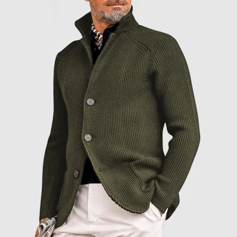 Henry Men's Ribbed Knit Button Cardigan by Vera Noir – close-up
