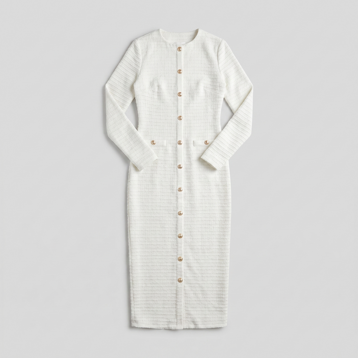 Hortense | Lined Tweed Midi Dress, Gold Buttons by Vera Noir – detail view