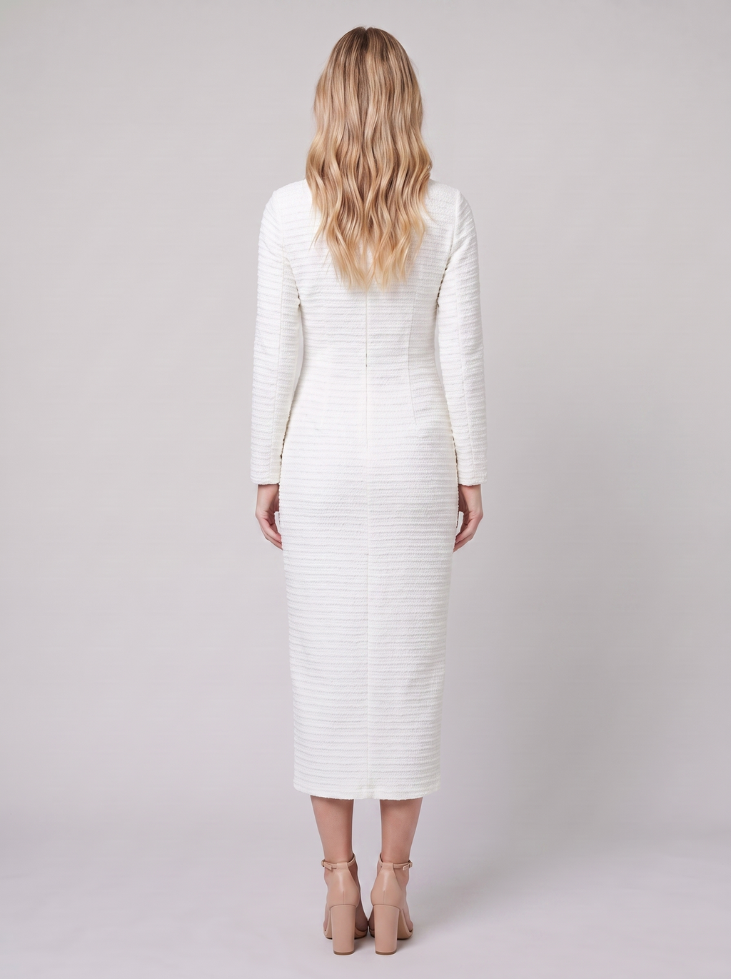Hortense | Lined Tweed Midi Dress, Gold Buttons by Vera Noir – back view