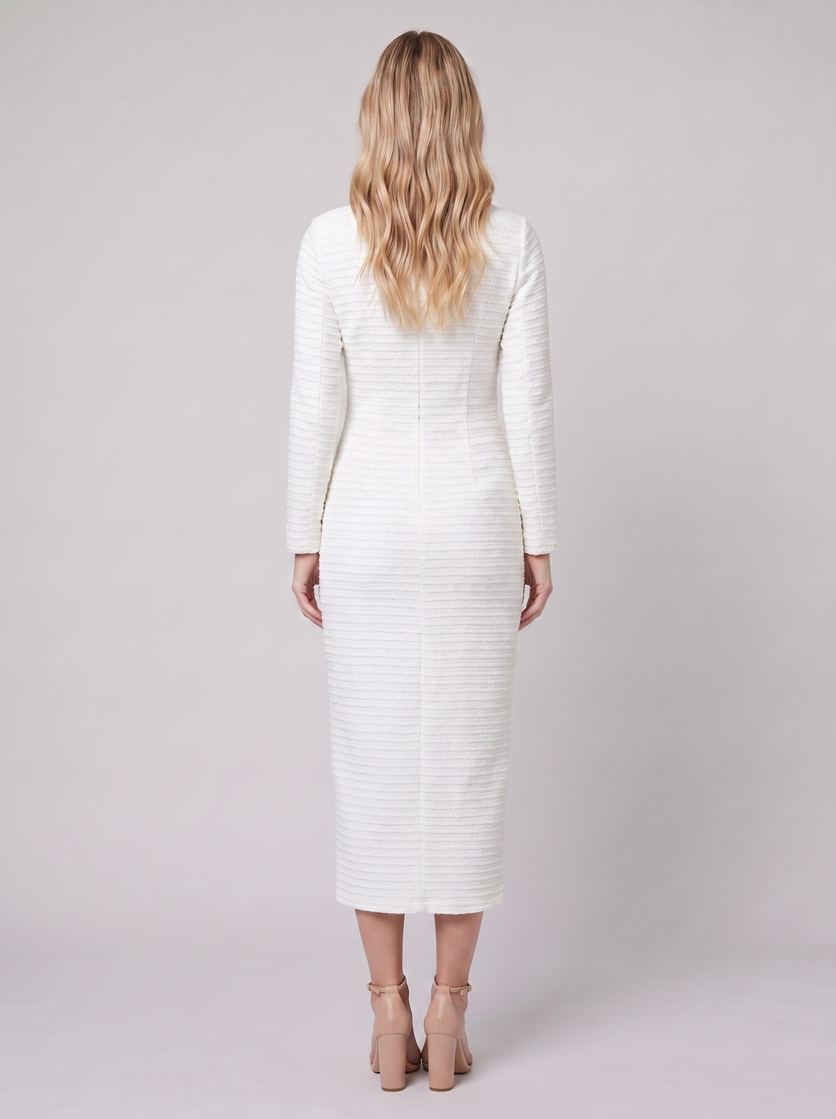Hortense | Lined Tweed Midi Dress, Gold Buttons by Vera Noir – back view