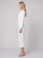 Hortense | Lined Tweed Midi Dress, Gold Buttons by Vera Noir – side view