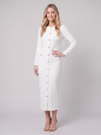 Hortense | Lined Tweed Midi Dress, Gold Buttons by Vera Noir – front view