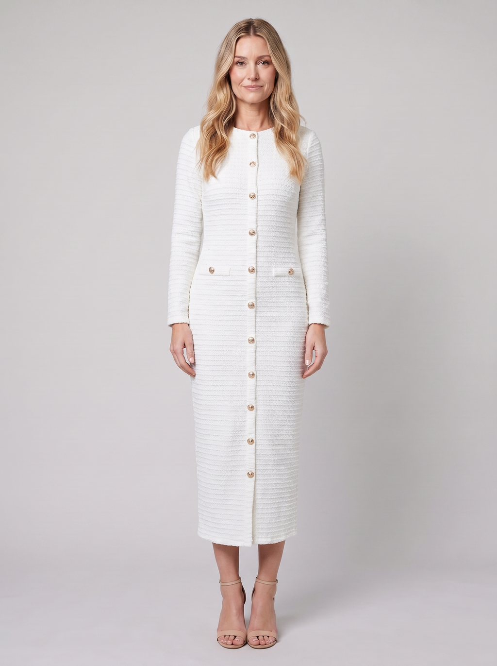 Hortense | Lined Tweed Midi Dress, Gold Buttons by Vera Noir – in white