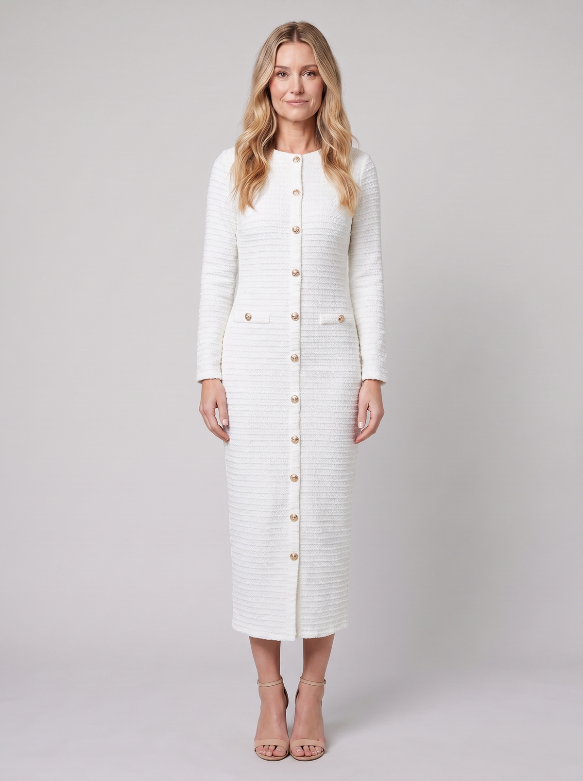 Hortense | Lined Tweed Midi Dress, Gold Buttons by Vera Noir – in white