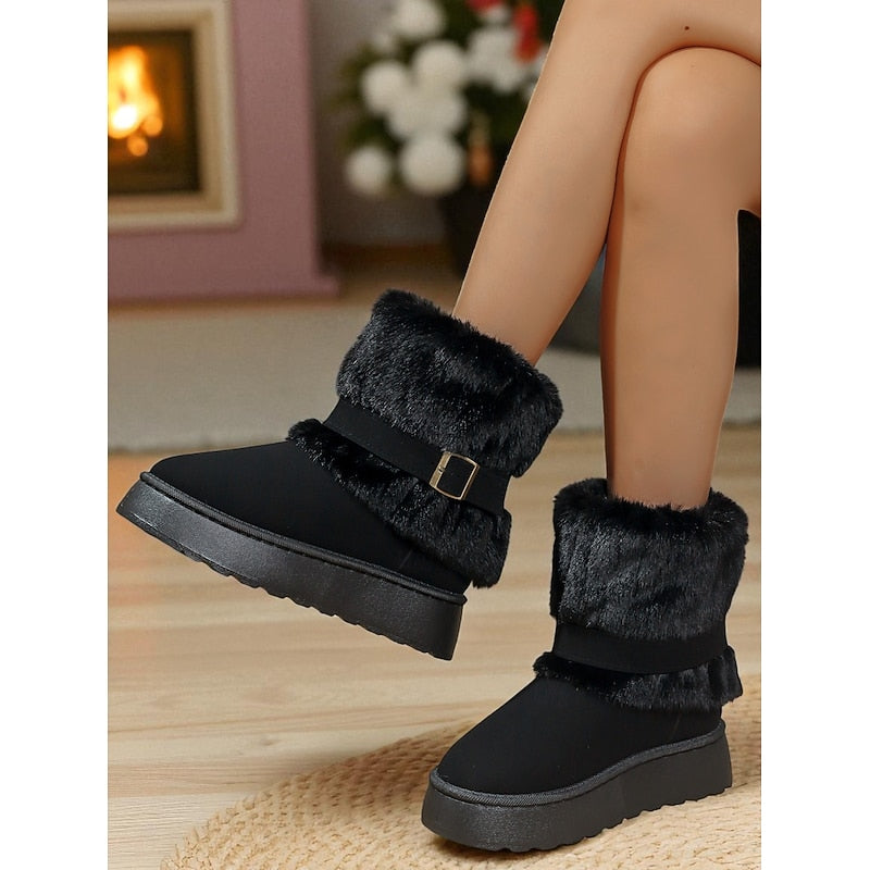 Ilaria | Fur-Trimmed Buckle Snow Boots – front view in black