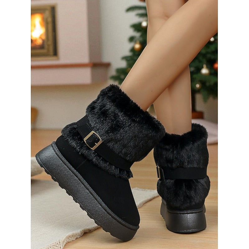 Ilaria | Fur-Trimmed Buckle Snow Boots – back view in black