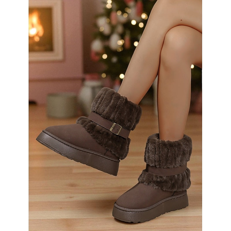 Ilaria | Fur-Trimmed Buckle Snow Boots – side view in coffee