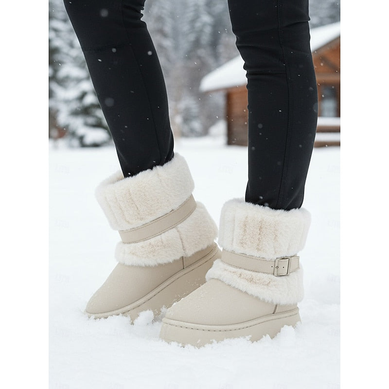 Ilaria | Fur-Trimmed Buckle Snow Boots – side view in beige