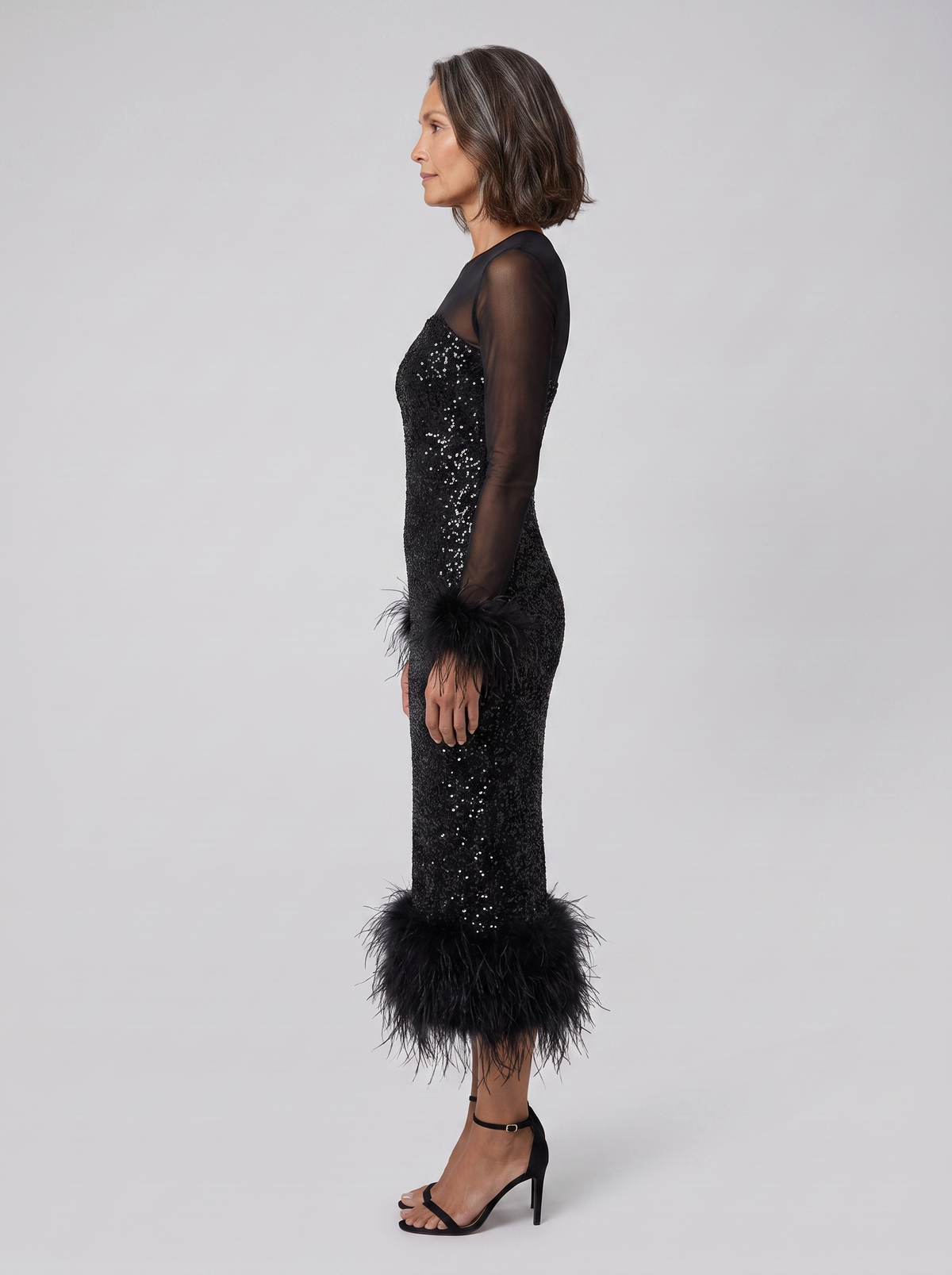 Ilaria | Sequin Feather-Hem Midi Dress by Vera Noir – side view