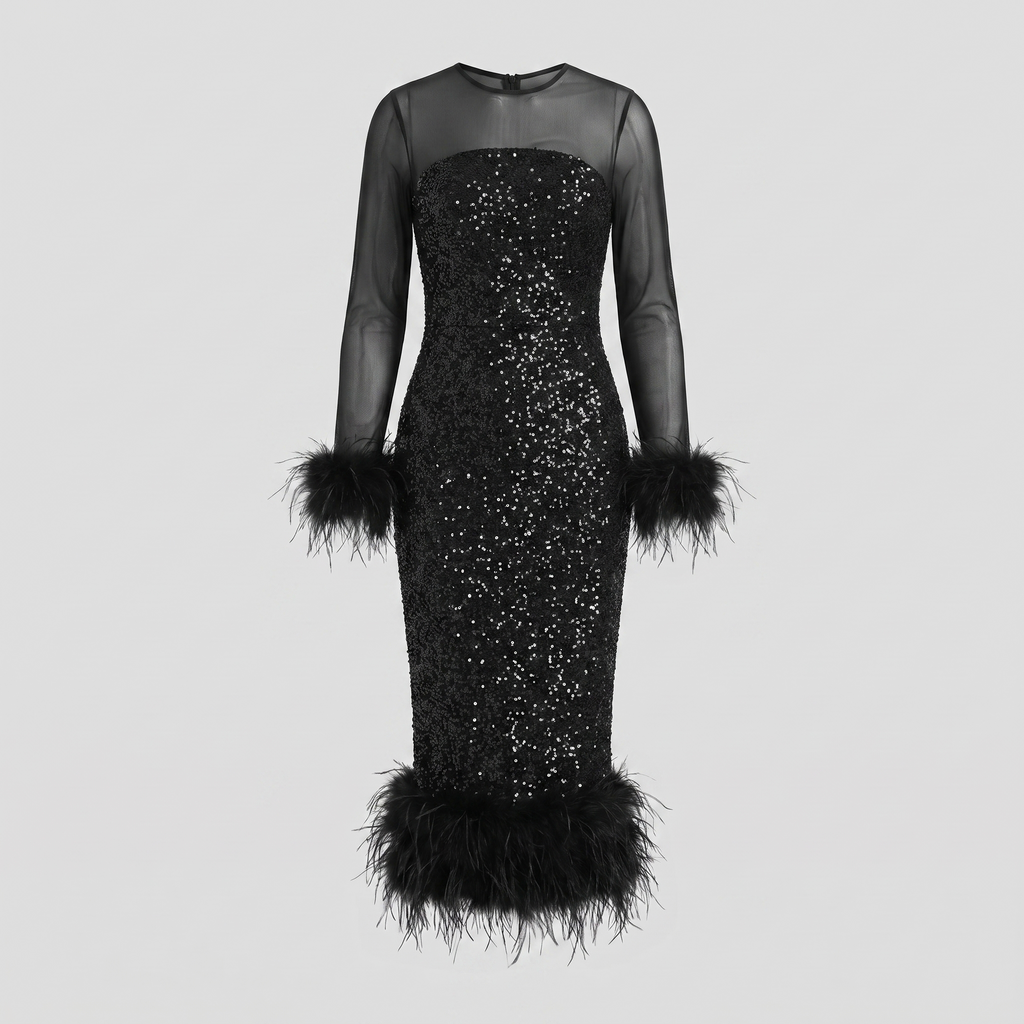 Ilaria | Sequin Feather-Hem Midi Dress by Vera Noir – front view