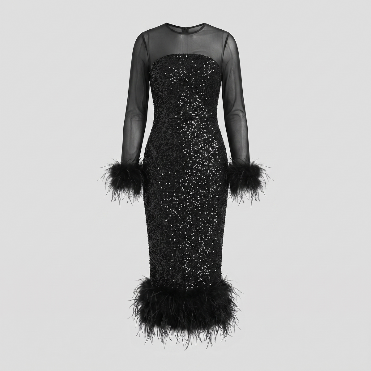 Ilaria | Sequin Feather-Hem Midi Dress by Vera Noir – front view