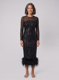 Ilaria | Sequin Feather-Hem Midi Dress by Vera Noir – in black