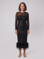 Ilaria | Sequin Feather-Hem Midi Dress by Vera Noir – in black