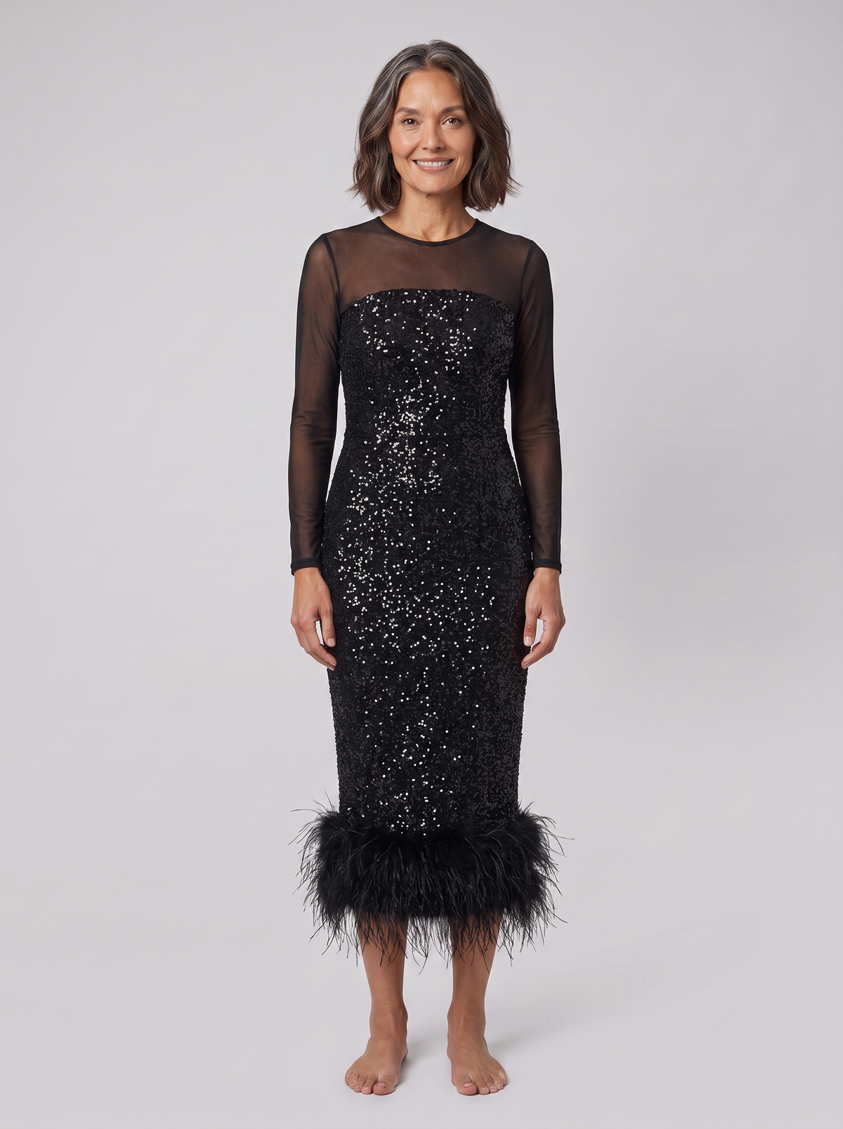 Ilaria | Sequin Feather-Hem Midi Dress by Vera Noir – in black