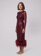 Ilaria | Sequin Feather-Hem Midi Dress by Vera Noir – in maroon