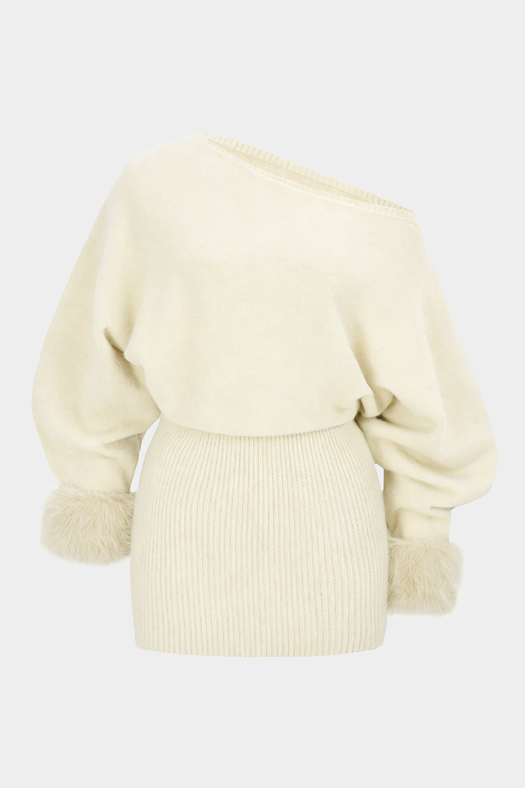 Ingrid One-Shoulder Faux Fur Cuff Sweater Dress by Vera Noir – front view