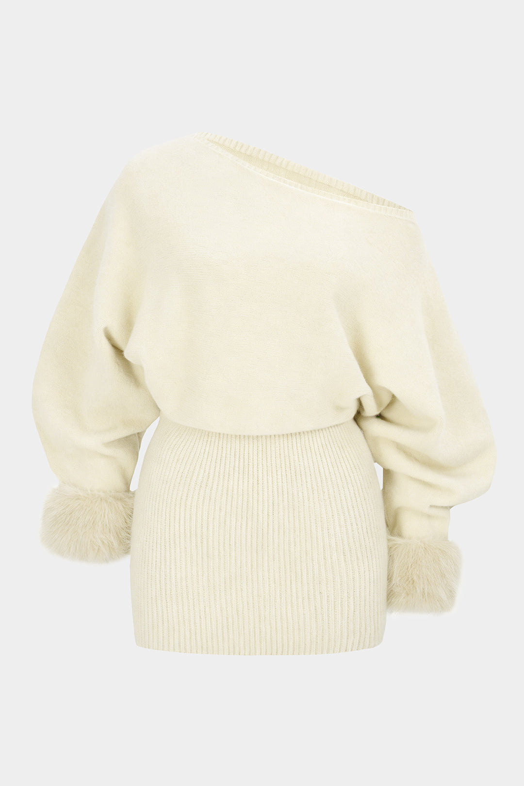 Ingrid One-Shoulder Faux Fur Cuff Sweater Dress by Vera Noir – front view