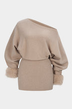 Ingrid One-Shoulder Faux Fur Cuff Sweater Dress by Vera Noir – back view