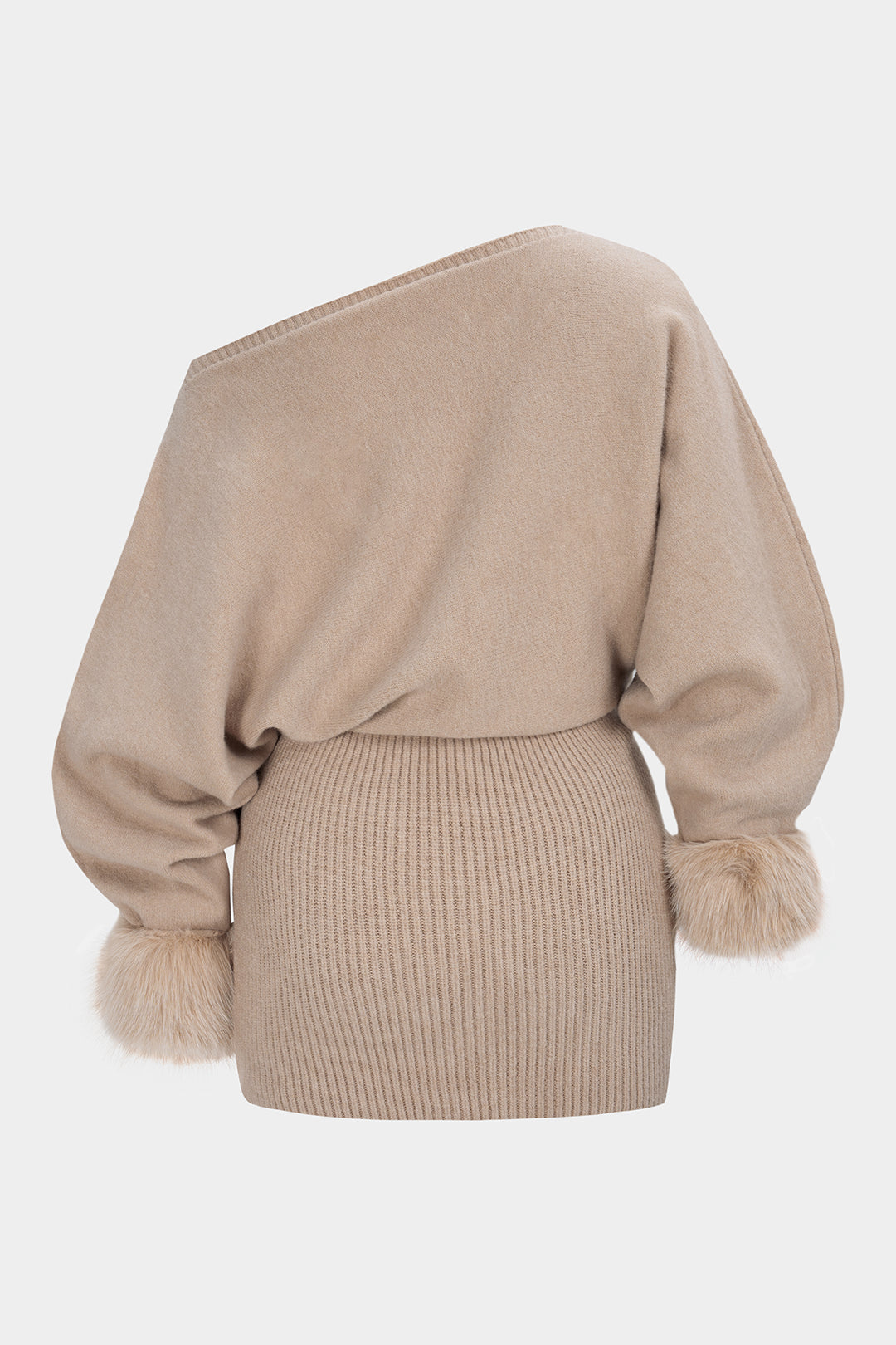 Ingrid One-Shoulder Faux Fur Cuff Sweater Dress by Vera Noir – detail view
