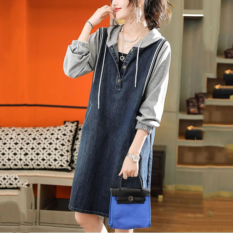 Isavellea Denim Patchwork Sweatshirt Dress – side view