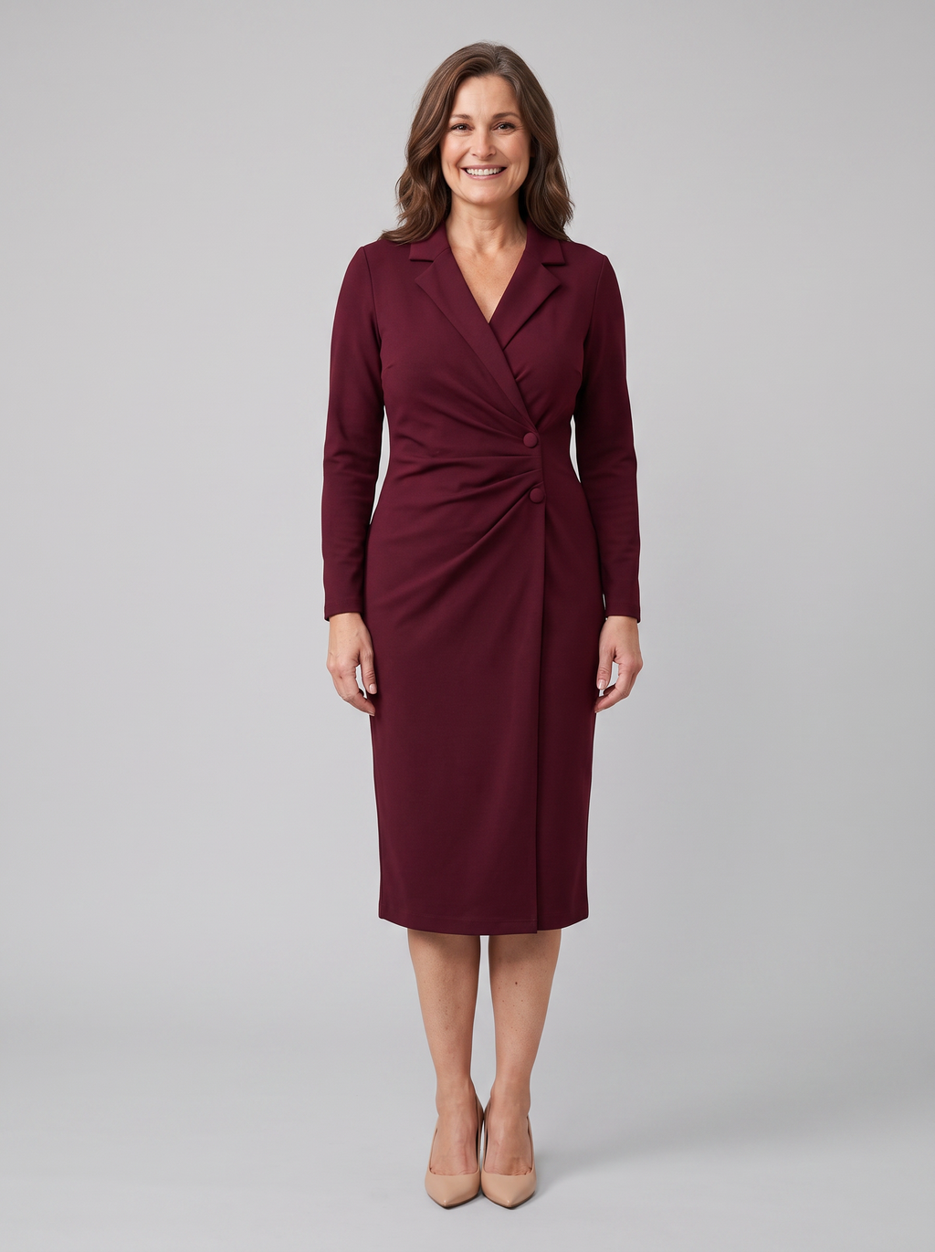 Isla | Notch Lapel Button Wrap Midi Dress by Vera Noir – front view