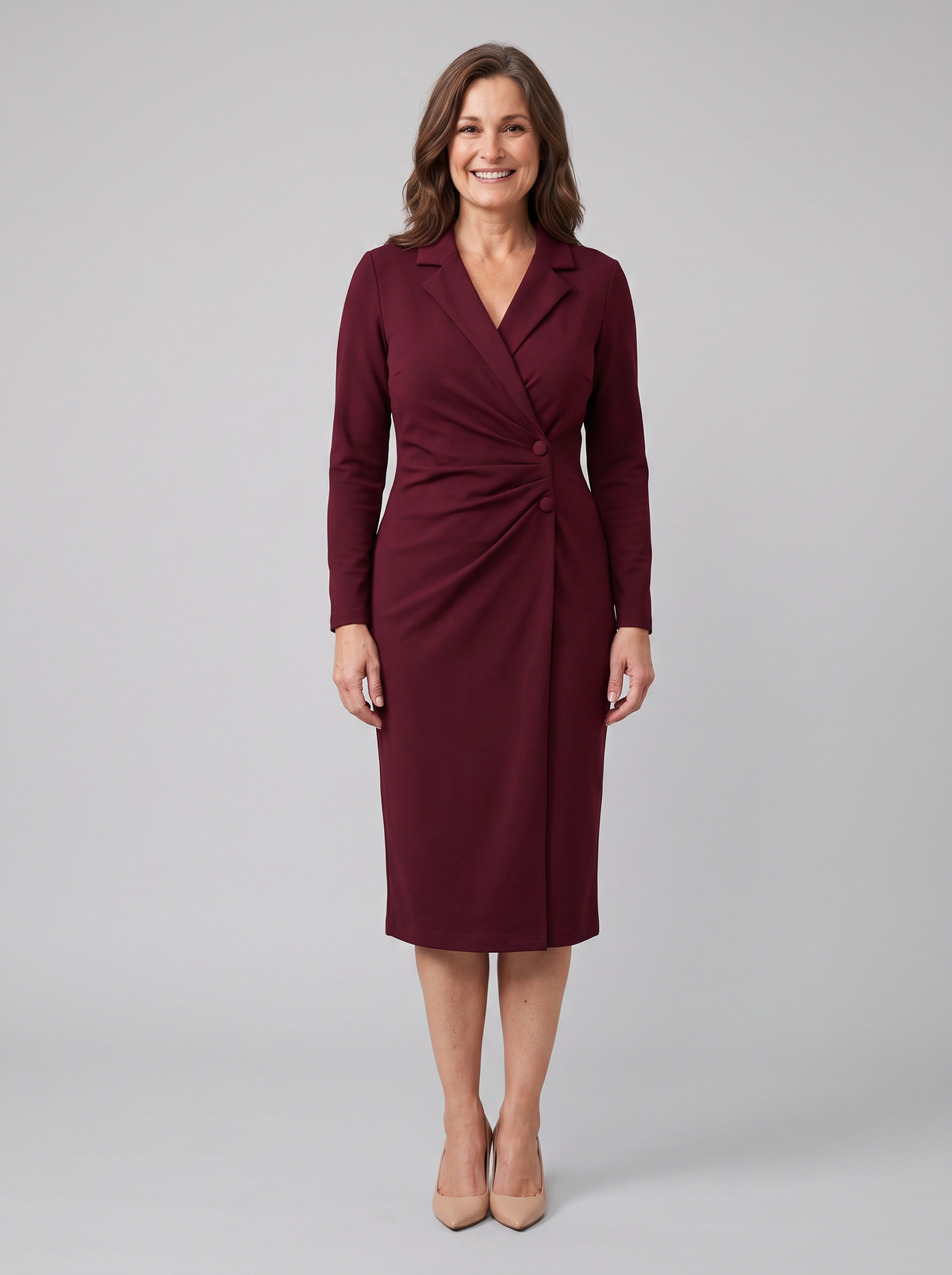 Isla | Notch Lapel Button Wrap Midi Dress by Vera Noir – front view