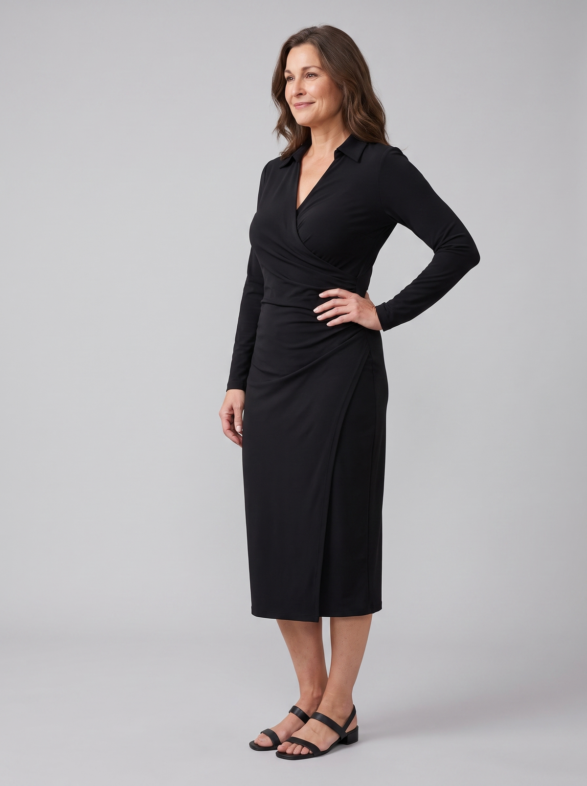 Isla | Notch Lapel Button Wrap Midi Dress by Vera Noir – side view