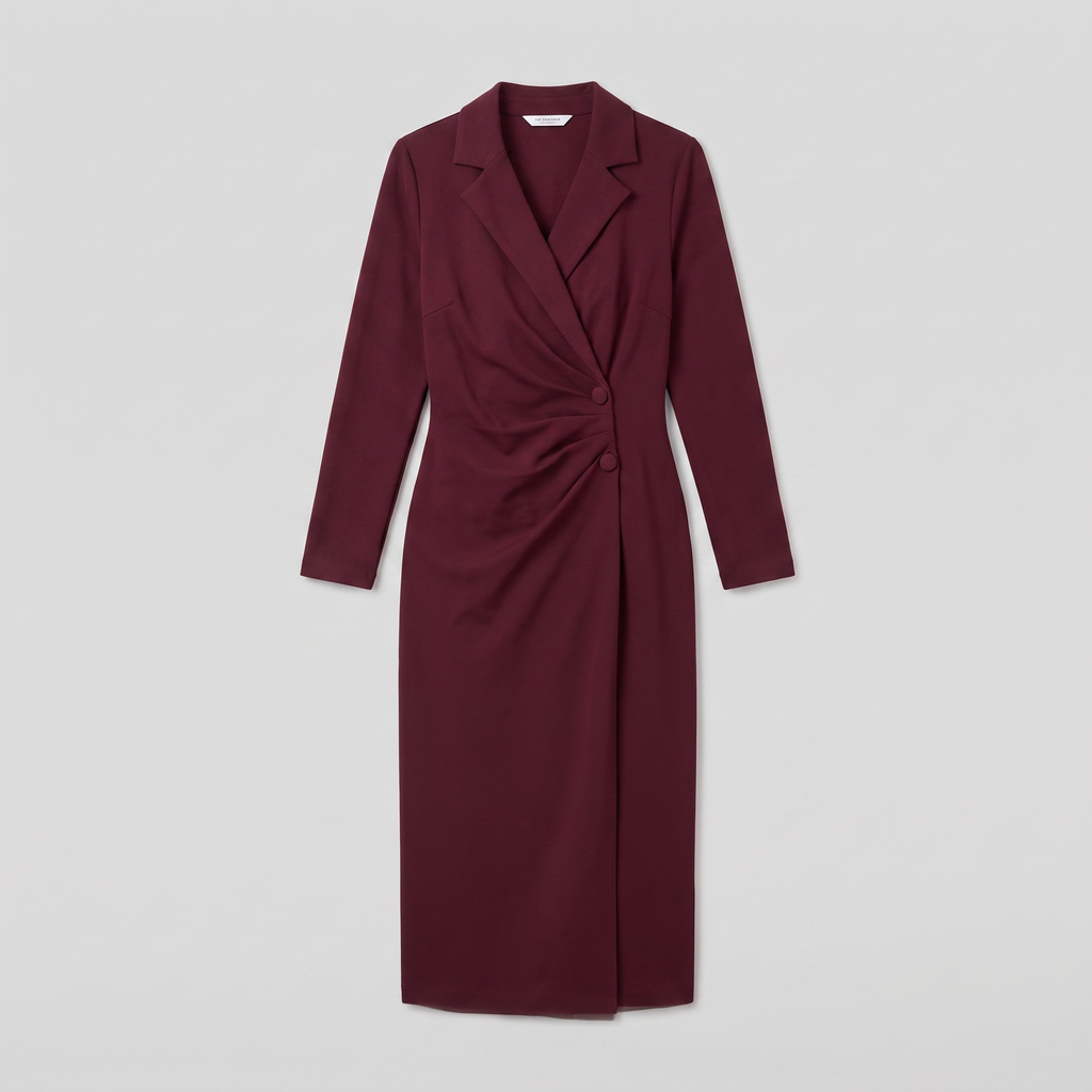 Isla | Notch Lapel Button Wrap Midi Dress by Vera Noir – detail view of the notch lapels