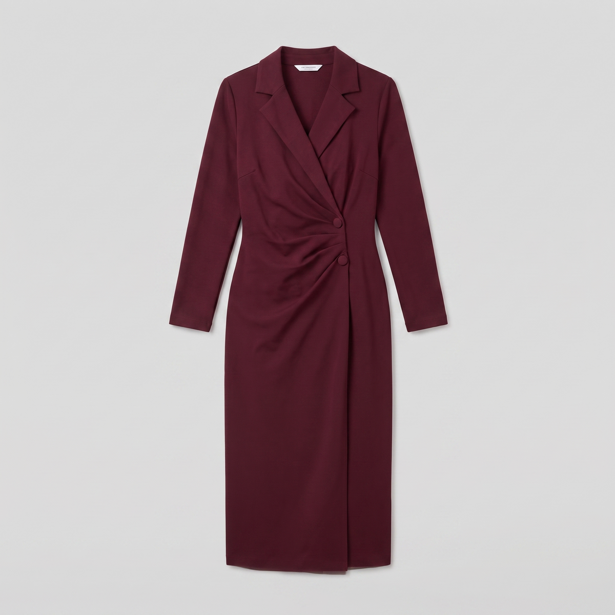 Isla | Notch Lapel Button Wrap Midi Dress by Vera Noir – detail view of the notch lapels