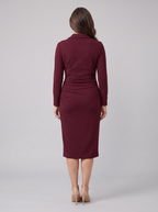 Isla | Notch Lapel Button Wrap Midi Dress by Vera Noir – in burgundy