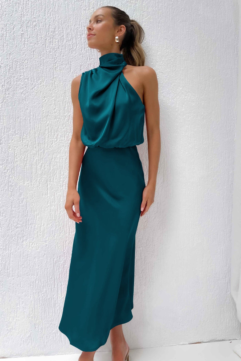 Ivy Satin Halter Dress – back view