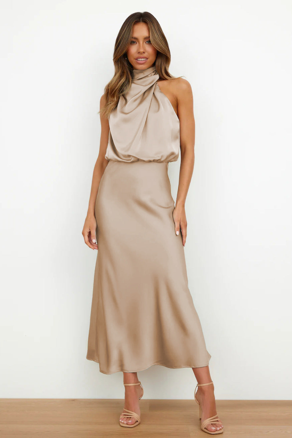 Ivy Satin Halter Dress – back view